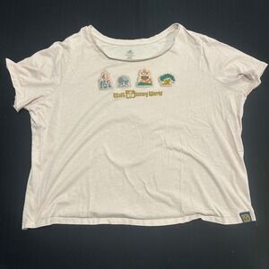 Disney World Park Icons Pink Crop Top T-Shirt Womens 2X Embroidered Patch